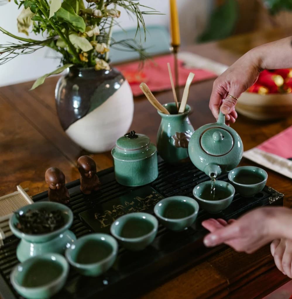 Traditional gong fu tea service on a tea tray
